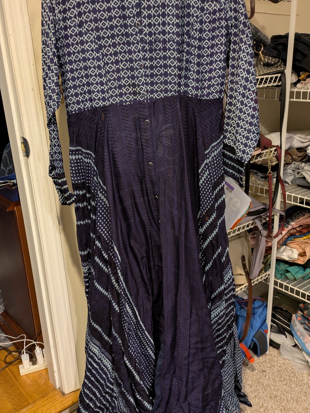 Navy Patterned Button-Front Maxi Dress With Floral Print Pants